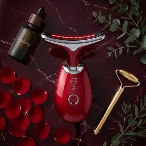 LumiSculpt Pro facial sculpting device showing 7 LED color therapy modes for lifting, firming and pore care