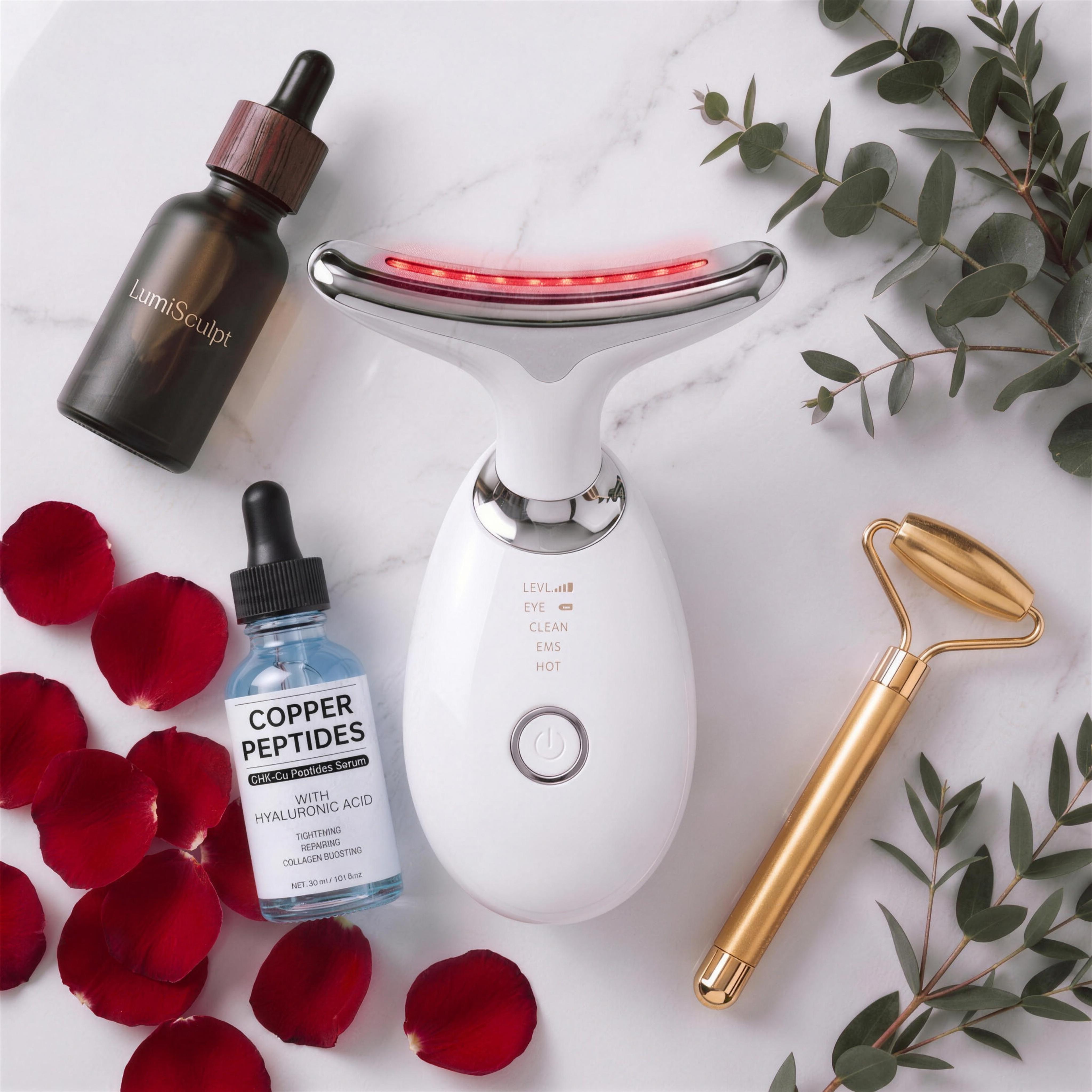 LumiSculpt Glow System Starter Kit - White LED Facial Sculptor with LumiGlow Copper Peptide Serum on white marble