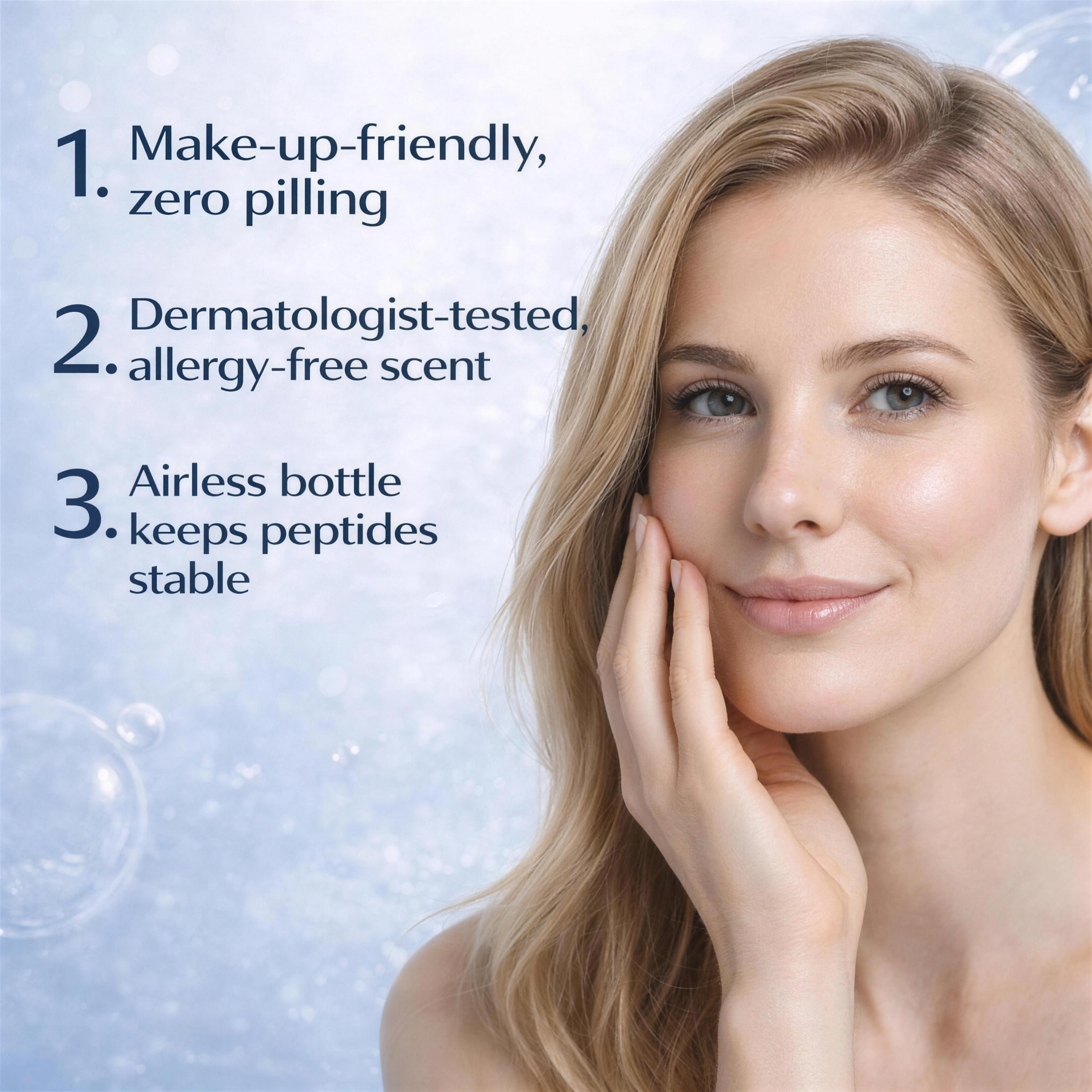 LumiGlow Copper Peptide Serum - makeup friendly, dermatologist tested, airless bottle keeps peptides stable