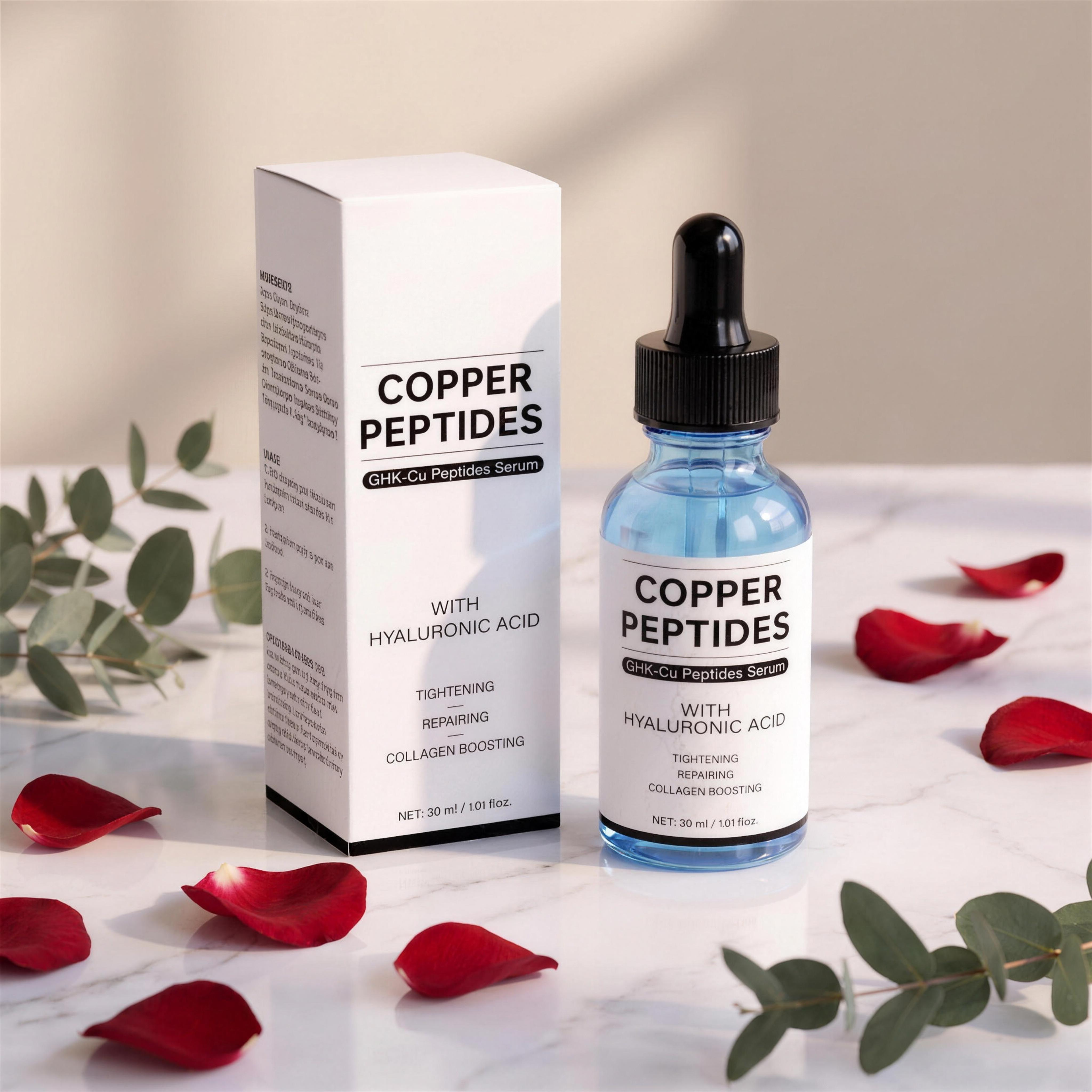 LumiGlow Copper Peptide Activation Serum bottle and box on marble with rose petals - included in the Glow System bundle