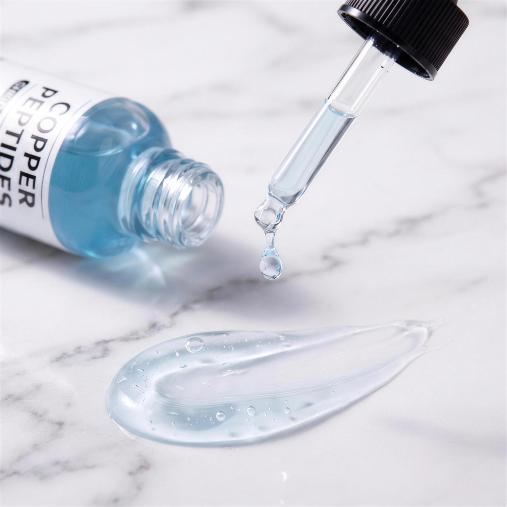LumiGlow Copper Peptide Serum texture macro with dropper and serum swatch