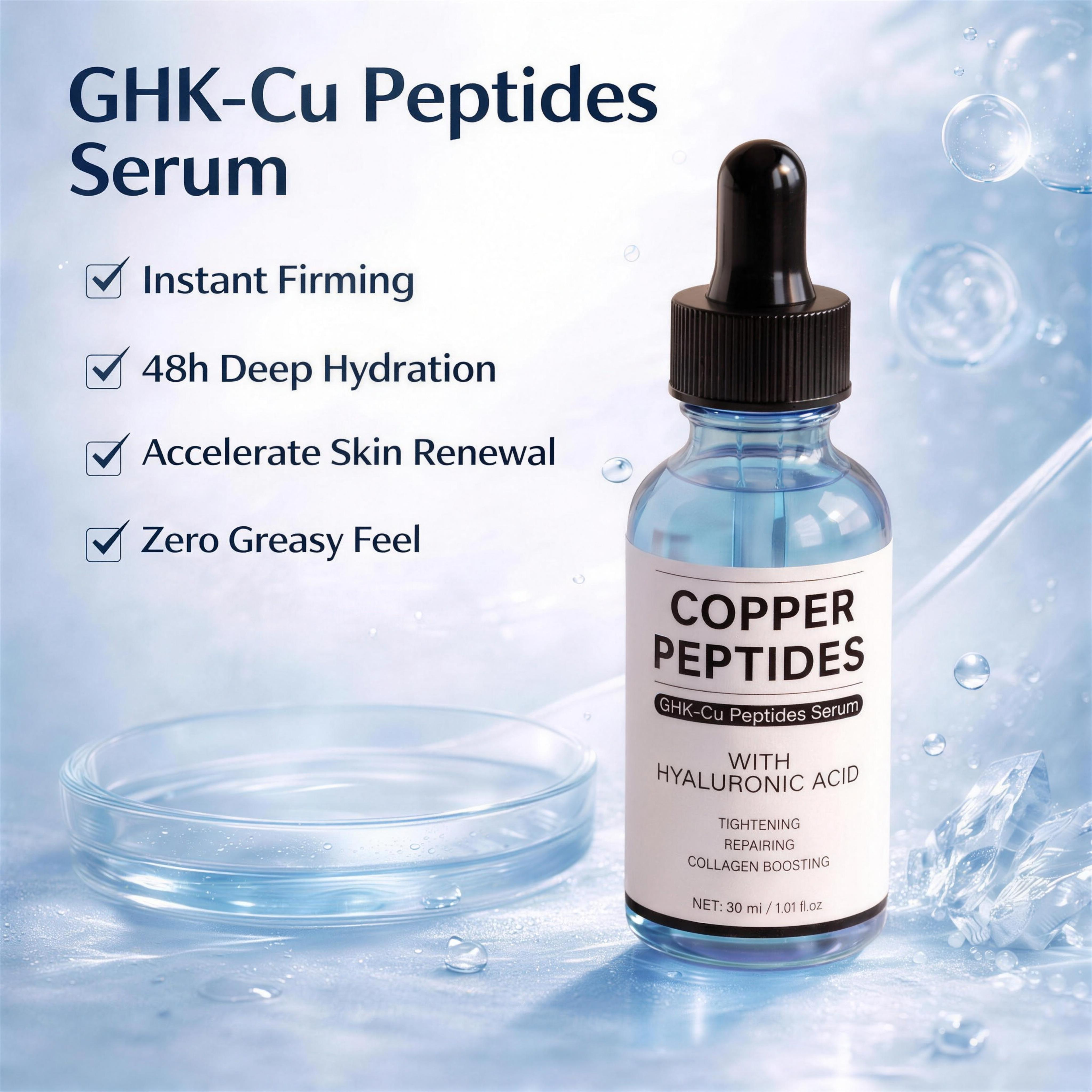 GHK-Cu Copper Peptides Serum benefits - instant firming, 48h deep hydration, skin renewal, zero greasy feel