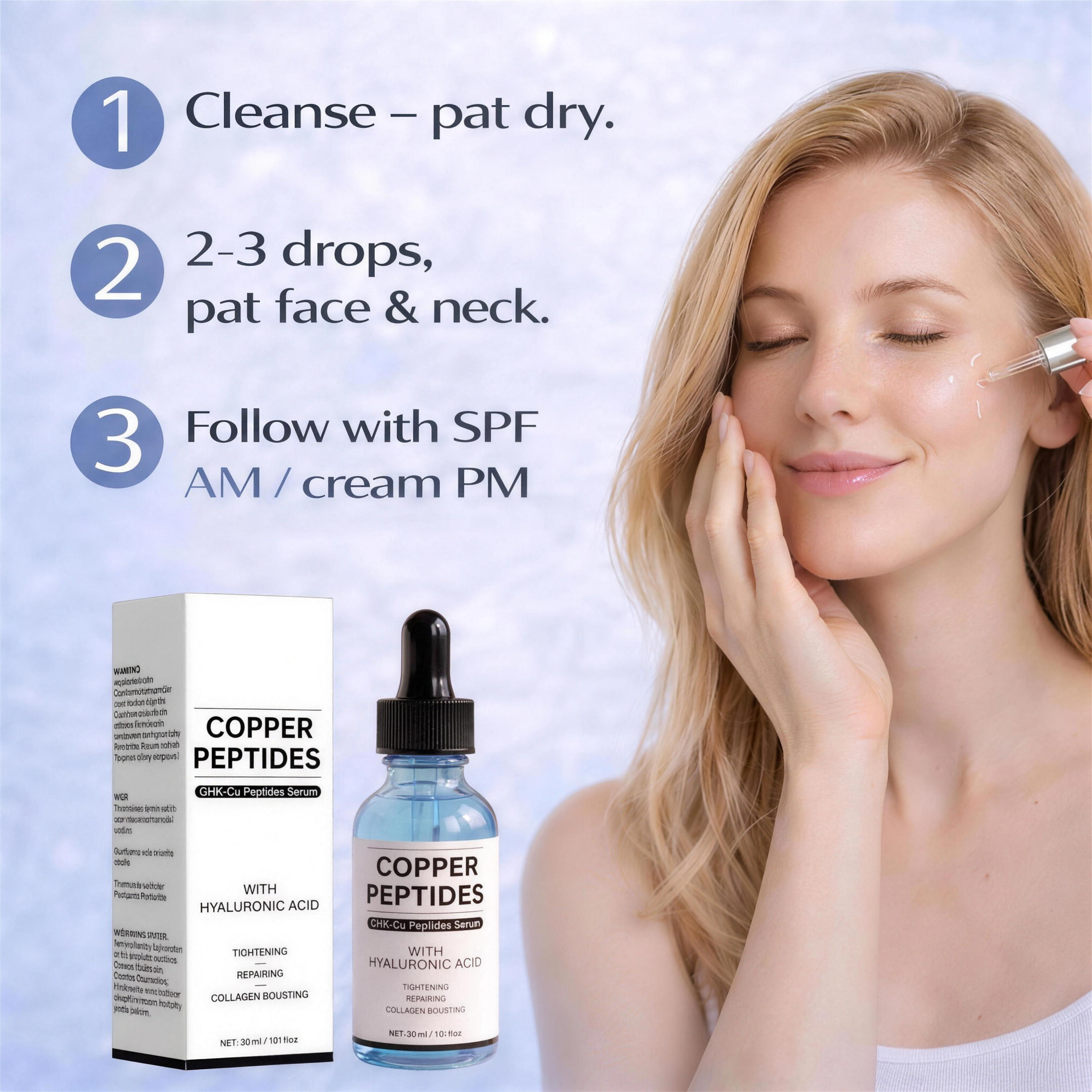 How to use LumiGlow Copper Peptide Serum - cleanse, apply 2-3 drops, follow with SPF or cream