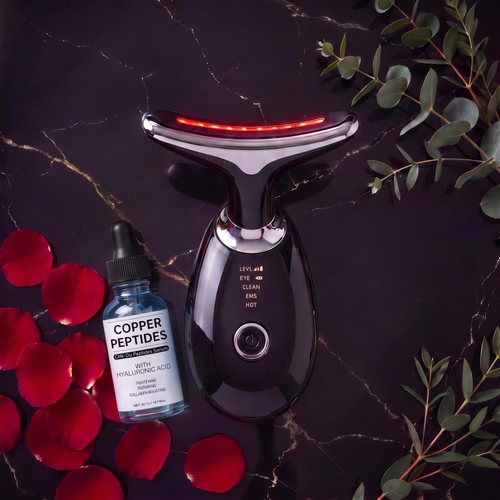 LumiSculpt Glow System bundle — Onyx Black LED sculptor with LumiGlow copper peptide serum on dark marble with rose petals